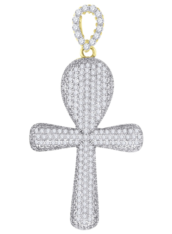 925 Sterling Silver Yellow-Tone Unisex CZ Ankh Cross Religious Charm Pendant