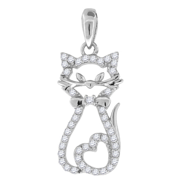925 Sterling Silver Womens Cubic Zirconia Cat With Heart Charm Pendant