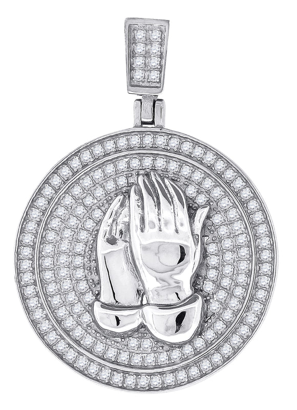 925 Sterling Silver Mens Cubic Zirconia Religious Praying Hands Charm Pendant