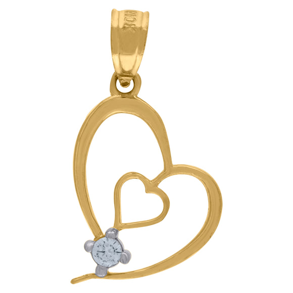 10kt Two-tone Gold Womens Cubic Zirconia Cubic-zirconia Double Heart Love Charm Pendant