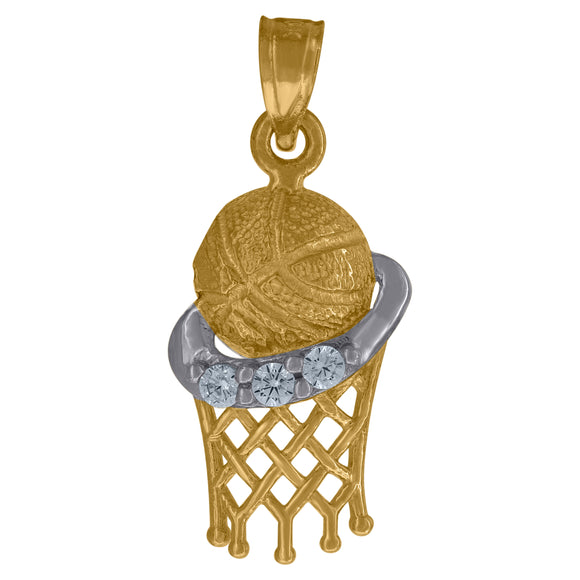 10kt Gold Two-tone Cubic-zirconia Unisex Basket Ball Ht:24mm x W:10mm Sports Charm Pendant