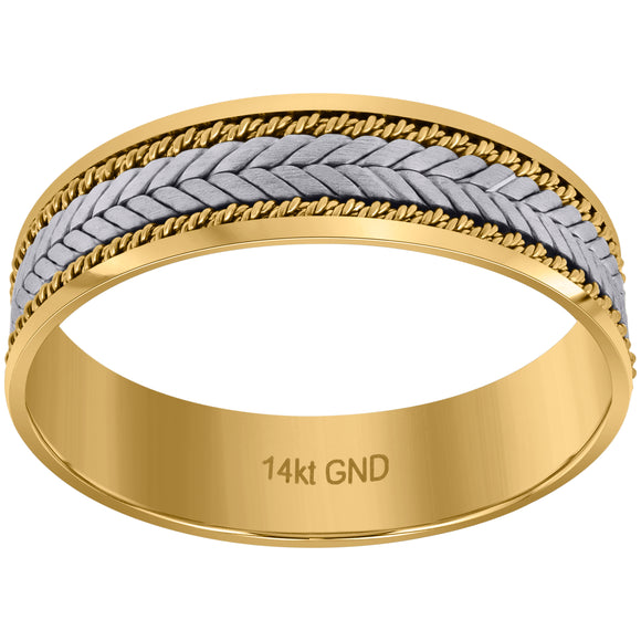 14kt Two-tone Gold Mens Braided Center Rope Milgrain Wedding Band Ring 6.5mm Size 12