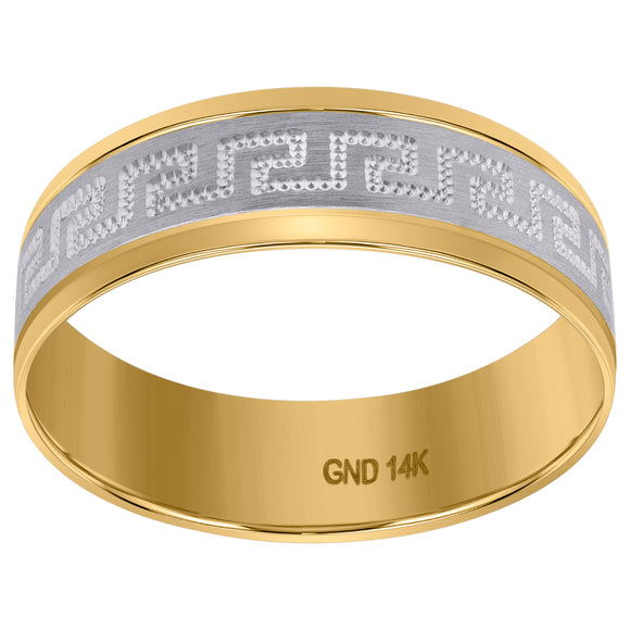 14kt Two-tone Gold Mens Greek Key Milgrain Brushed Center Wedding Band Ring 7mm Size 11