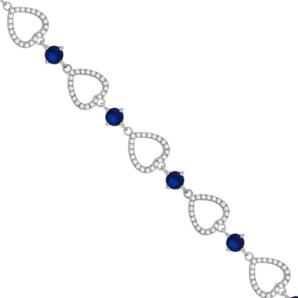 925 Sterling Silver Women Blue & White Cubic Zirconia Link Heart Bracelet