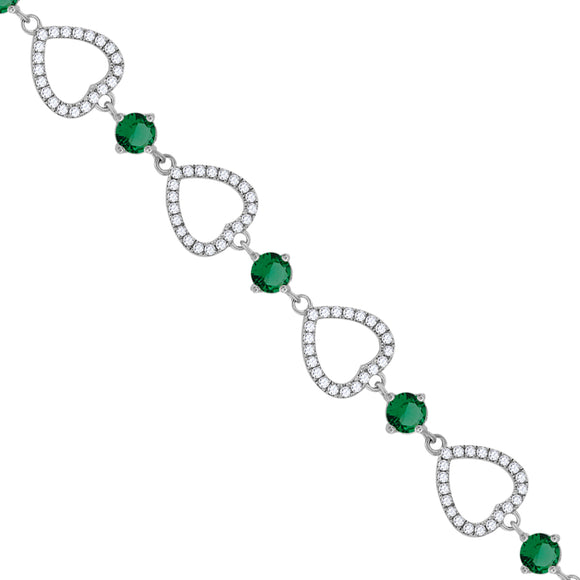 925 Sterling Silver Women Green & White Cubic Zirconia Link Heart Bracelet