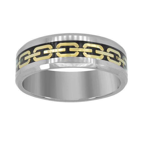 Tungsten Gold-toned Chain Link Inlay Beveled Edges Mens Comfort-fit 8mm Size-7 Wedding Band