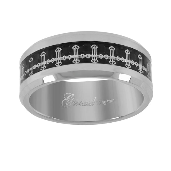 Tungsten Cross Black Carbon Fiber Inlay Polished Mens Comfort-fit 8mm Size-7 Wedding Band