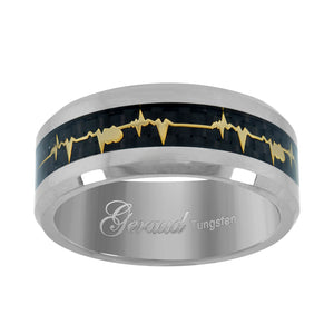 Tungsten Heart Beat Black Carbon Fiber Inlay Polished Mens Comfort-fit 8mm Size-7 Wedding Band