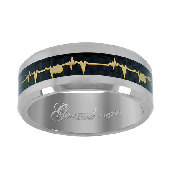 Tungsten Heart Beat Black Carbon Fiber Inlay Polished Mens Comfort-fit 8mm Size-7 Wedding Band
