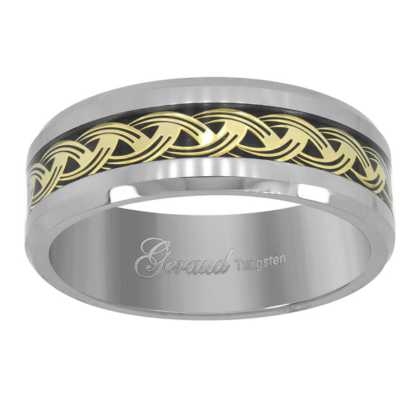 Tungsten Gold-Tone Weaves Center Black Carbon Fiber Inlay Comfort-fit 8mm Size-7.5 Wedding Band 