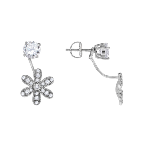 925 Sterling Silver Womens Cubic Zirconia Flower Earring Jacket With Studs