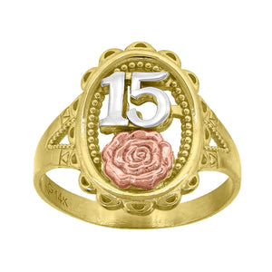 14kt Gold Womens Tri-color 15 Anos Flower Rose SZ7 Quinceanera Band Ring