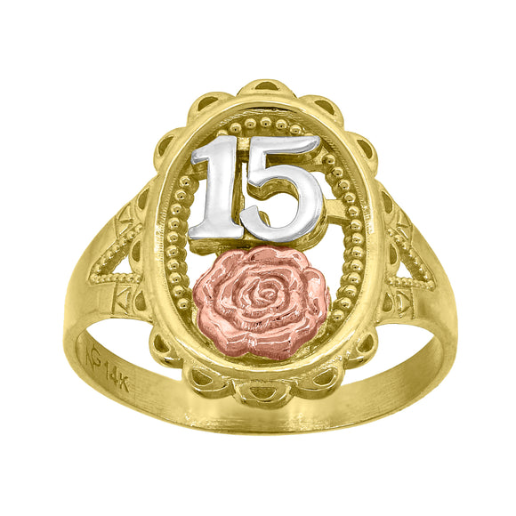 14kt Gold Womens Tri-color 15 Anos Flower Rose SZ7 Quinceanera Band Ring