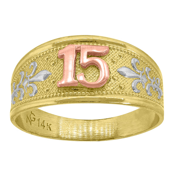 14kt Gold Womens Tri-color 15 Anos SZ7 Quinceanera Band Ring