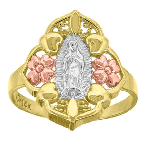 14kt Gold Womens Tri-color Guadalupe Mary Flower Heart SZ7 Religious Band Ring