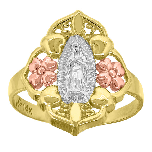 14kt Gold Womens Tri-color Guadalupe Mary Flower Heart SZ7 Religious Band Ring