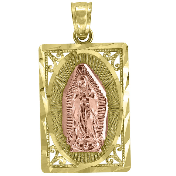 14kt Gold Unisex Two-tone Diamond-cut Guadalupe Mary Rectangle Religious Pendant Charm