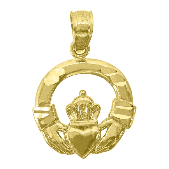 14kt Yellow Gold Unisex Diamond-cut Circle Heart Crown Hands Claddagh Ht:19.4mm Goodluck Pendant Charm