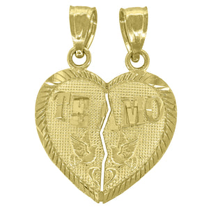 14kt Yellow Gold Womens Diamond-cut Te Amo Broken Heart Birds Ht:21.5mm Pendant Charm