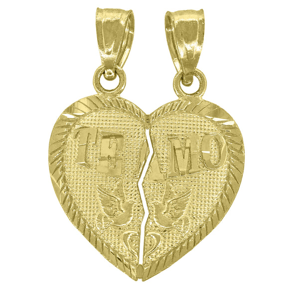 14kt Yellow Gold Womens Diamond-cut Te Amo Broken Heart Birds Ht:21.5mm Pendant Charm