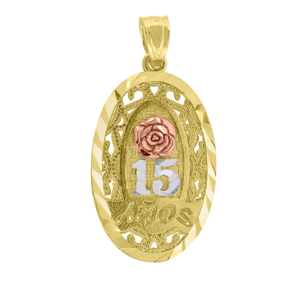14kt Gold Womens Tri-color Diamond-cut 15 Anos Oval Rose Quinceanera Pendant Charm