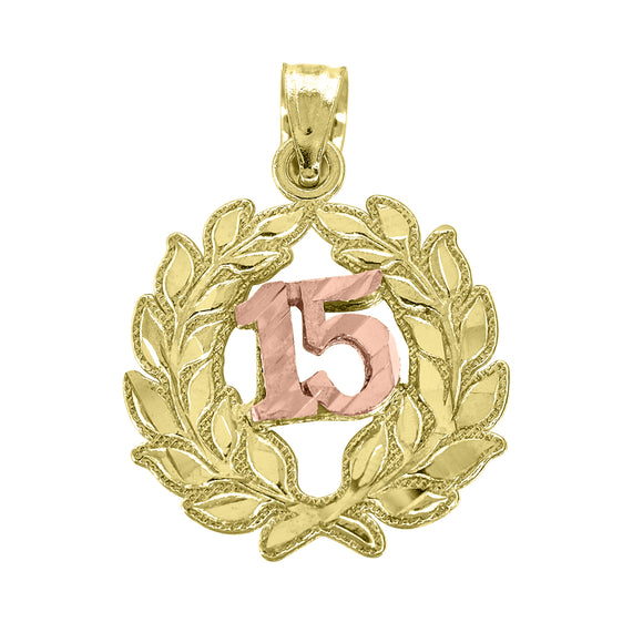 14kt Gold Womens Two-tone 15 Anos Quinceanera Pendant Charm