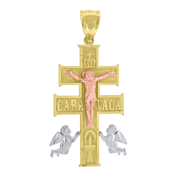 14kt Gold Unisex Tri-color Diamond-cut Cross Caravaca Crucifix Angels Religious Pendant Charm