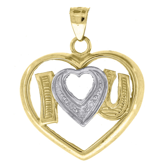 10kt Gold Two-tone Diamond-cut Womens I love You Ht:27.4mm x W:22.4mm Heart Charm Pendant