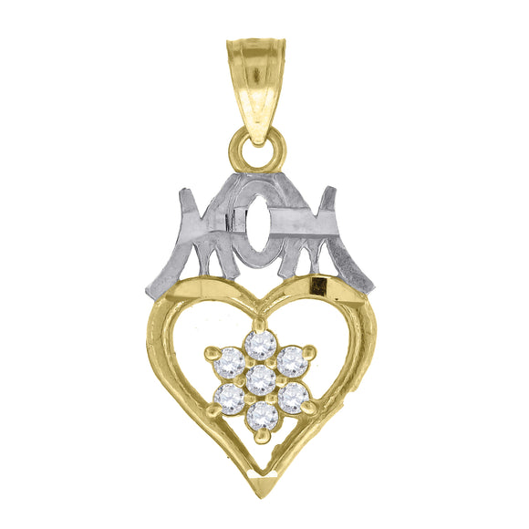 10kt Gold Two-tone Cubic-zirconia Womens Heart Flower Ht:27.7mm x W:14.6mm Mom Charm Pendant