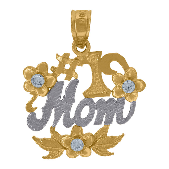 10kt Gold Two-tone Cubic-zirconia Womens Flower No.1 Ht:23.1mm x W:17.7mm Mom Charm Pendant