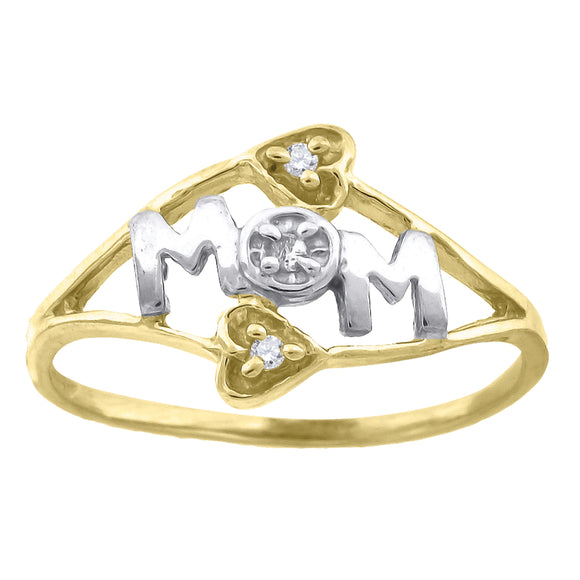10kt Gold Womens Two-tone CZ Heart Mom Band Ring