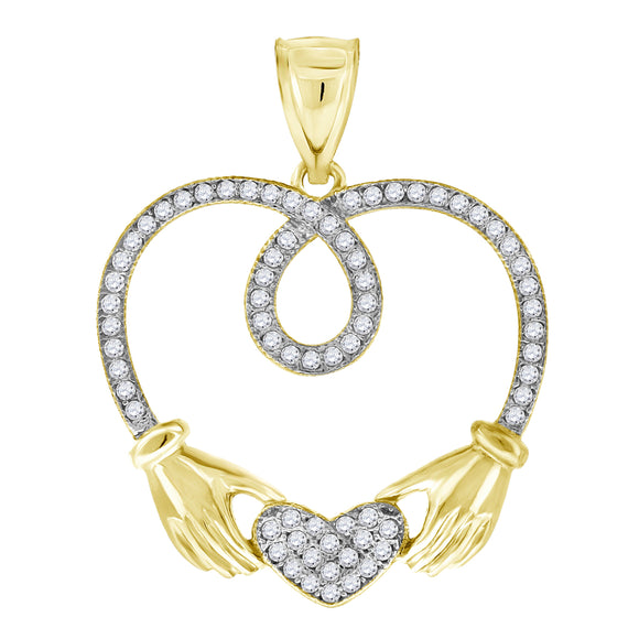 10kt Gold Two-tone Cubic-zirconia Womens Claddagh Ht:35.7mm x W:28.6mm Heart Charm Pendant
