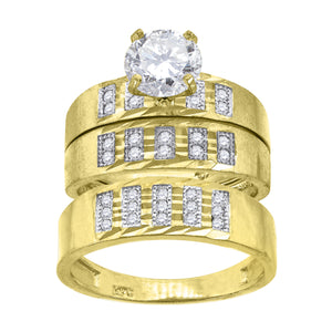 14kt Gold Womens Two-Tone Diamond-cut CZ Trio His Hers Center Stone Wedding Bridal Set Ring