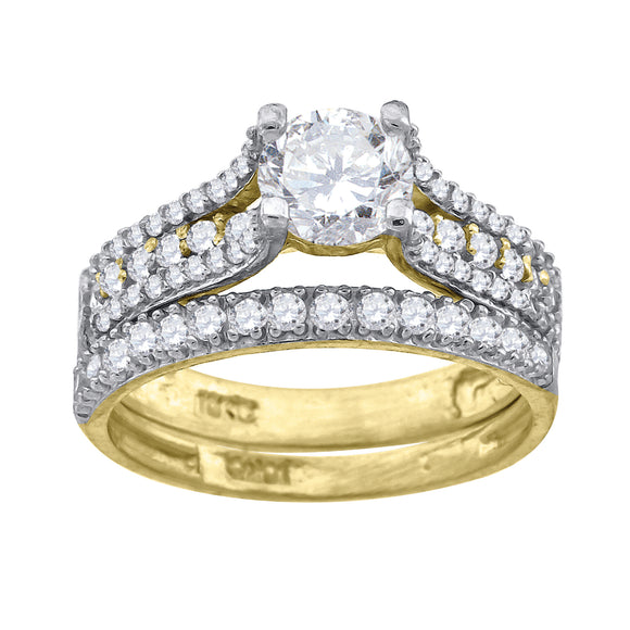 14kt Gold Womens Two-tone CZ Duo White Center Stone SZ7 Wedding Engagement Bridal Set Band Ring