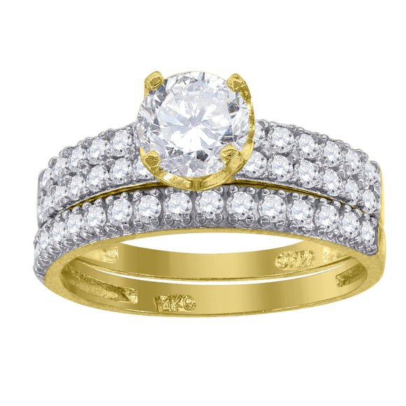 14kt Gold Womens Two-tone CZ Duo Three Center Stone White SZ7 Wedding Engagement Bridal Set Band Ring