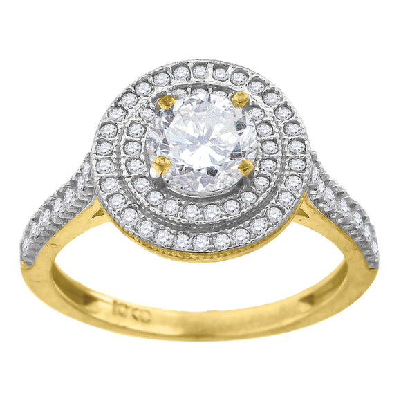 14kt Gold Womens Two-tone CZ Double Round Halo Center White Stone Wedding Engagement Band Ring
