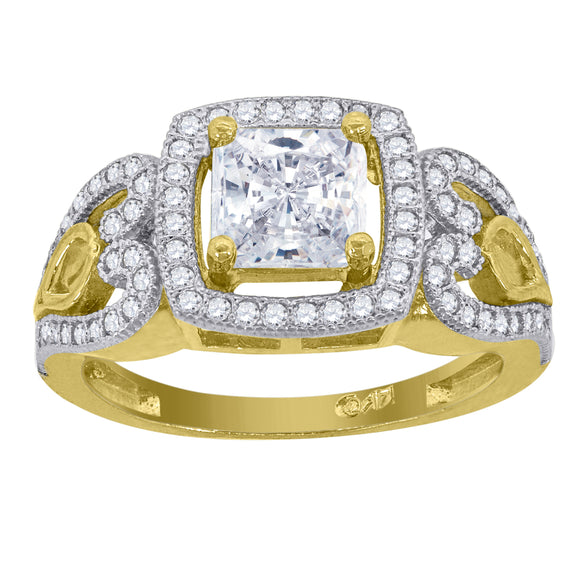 14kt Gold Womens Two-tone CZ Square Halo Center Side Hearts Wedding Engagement Band Ring