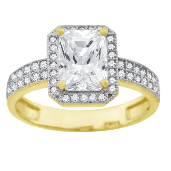 14kt Gold Womens Two-tone CZ Emerald-cut Center Stone Wedding Engagement Band Ring