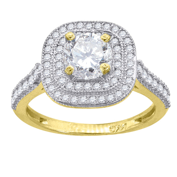 14kt Gold Womens Two-tone Double Square Halo Center Stone Round Wedding Engagement Band Ring