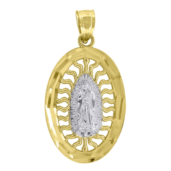 14kt Gold Unisex Two-tone Diamond-cut Guadalupe Mary Oval Ht:25.4mm Religious Pendant Charm