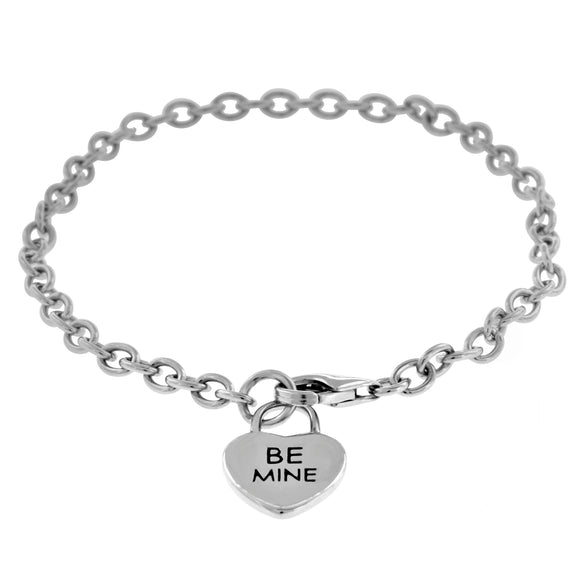 925 Sterling Silver Women Rolo Link Be Mine Heart Charm Bracelet