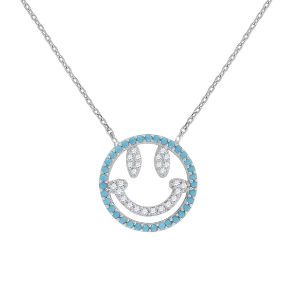 925 Sterling Silver Women Turquoise & White Cubic Zirconia Rolo Link Fashion Smiley Necklace