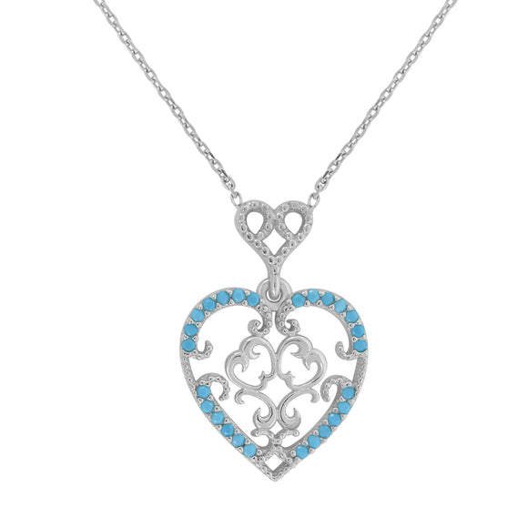 925 Sterling Silver Women Turquoise Cubic Zirconia Rolo Link Love & Hearts Heart Necklace
