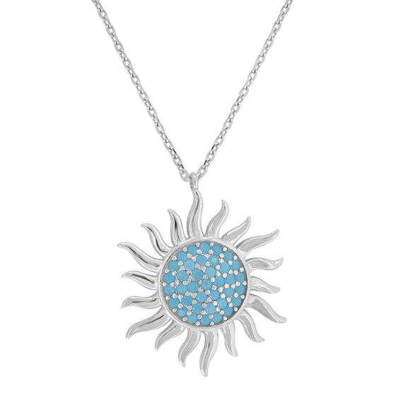 925 Sterling Silver Women Turquoise Cubic Zirconia Rolo Link Nautical Sun Necklace
