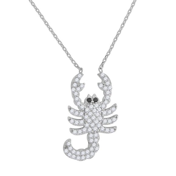 925 Sterling Silver Women Black & White Cubic Zirconia Rolo Link Scorpio Necklace