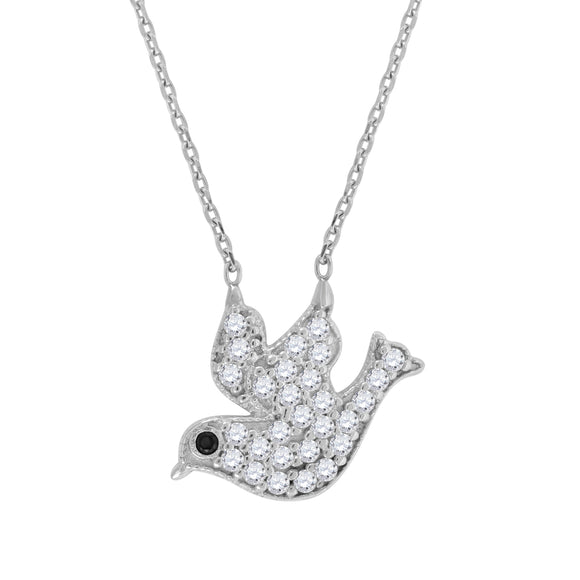 925 Sterling Silver Women Black & White Cubic Zirconia Rolo Link Bird Necklace