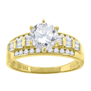 10kt Yellow Gold Womens Round And Baguette Cubic Zirconia Engagement Ring