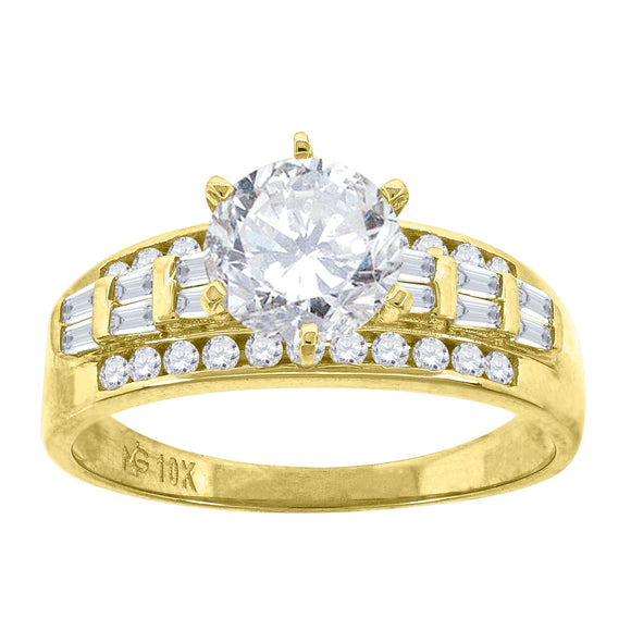 10kt Yellow Gold Womens Round And Baguette Cubic Zirconia Engagement Ring