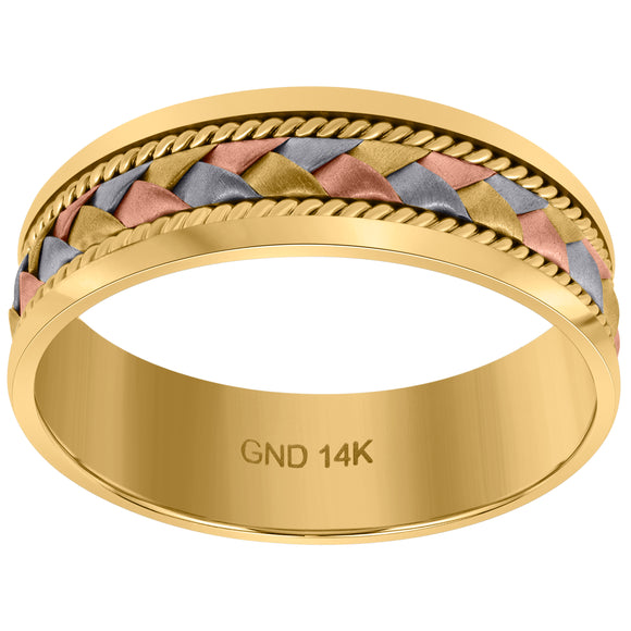 14kt Tri-color Gold Mens Woven Cord Center Rope Milgrain Wedding Band Ring 7mm Size 8