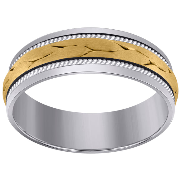 14kt Two-tone Gold Unisex Woven Cord Center Rope Milgrain Wedding Band Ring 7mm Size 8